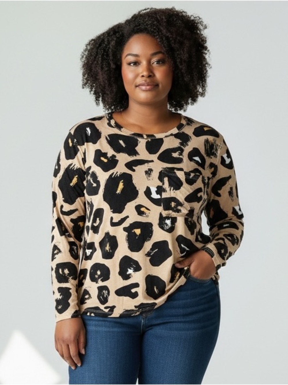 Mud Pie Beige and Black Leopard Print Long Sleeve Pocket Tee Size Large